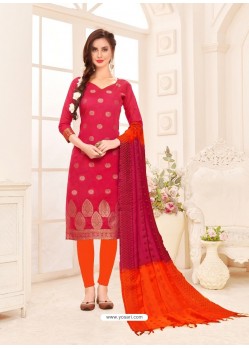 Rose Red Embroidered Designer Banarasi Silk Churidar Salwar Suit