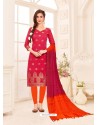 Rose Red Embroidered Designer Banarasi Silk Churidar Salwar Suit