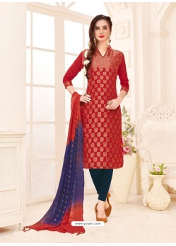 Red Embroidered Designer Banarasi Silk Churidar Salwar Suit