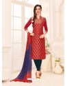 Red Embroidered Designer Banarasi Silk Churidar Salwar Suit