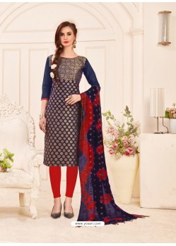 Navy Blue Embroidered Designer Banarasi Silk Churidar Salwar Suit