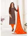 Brown Embroidered Designer Banarasi Jacquard Churidar Salwar Suit
