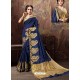 Navy Blue Heavy Embroidered Designer Cotton Silk Sari