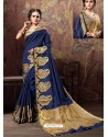 Navy Blue Heavy Embroidered Designer Cotton Silk Sari