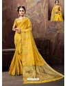 Yellow Heavy Embroidered Designer Cotton Silk Sari