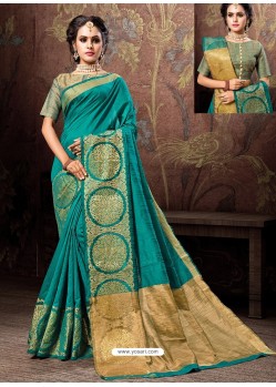 Blue Heavy Embroidered Designer Cotton Silk Sari
