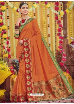 Orange Heavy Embroidered Designer Silk Sari