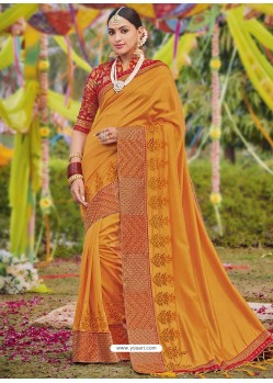 Orange Heavy Embroidered Designer Silk Sari