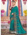 Teal Heavy Embroidered Designer Silk Sari