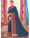 Teal Blue Heavy Embroidered Designer Silk Sari