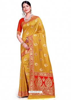 Yellow Banarasi Weaving Worked Silk Saree