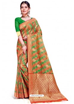 Orange And Green Banarasi Weaving Worked Silk Saree