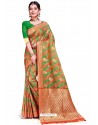 Orange And Green Banarasi Weaving Worked Silk Saree