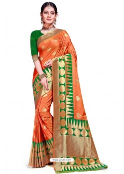 Orange Banarasi Weaving Worked Silk Saree