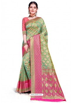 Olive Green Banarasi Weaving Worked Silk Saree