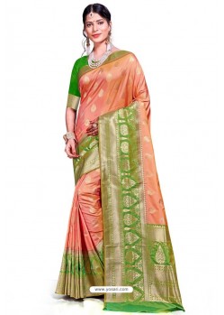 Peach Banarasi Weaving Worked Silk Saree