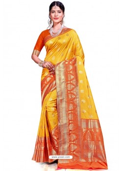 Yellow Banarasi Silk Weaving Worked Saree