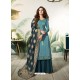 Turquoise Satin Silk Thread Embroidered Designer Suit