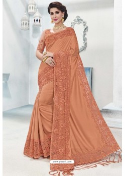 Rust Silk Stone Embroidered Designer Saree