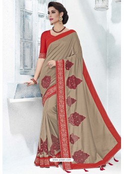 Taupe Silk Stone Embroidered Designer Saree