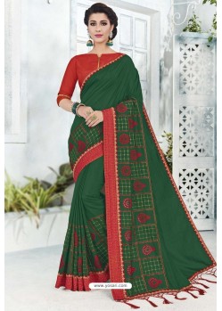 Dark Green Silk Stone Embroidered Designer Saree