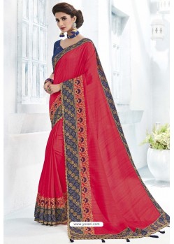 Rose Red Silk Stone Embroidered Designer Saree