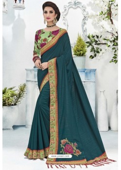 Peacock Blue Silk Stone Embroidered Designer Saree