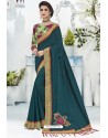 Peacock Blue Silk Stone Embroidered Designer Saree