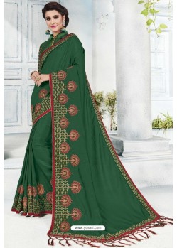 Dark Green Silk Embroidered Designer Saree