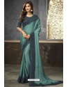 Turquoise Satin Heavy Embroidered Saree