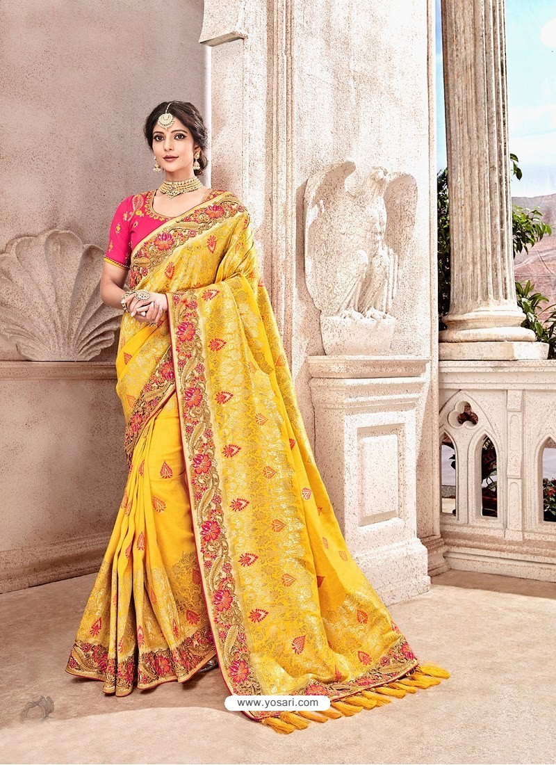 Heavy Designer Party Wear Saree Mustard Yellow