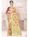 Elegant Cream Designer Banarasi Silk Party Wear Sari