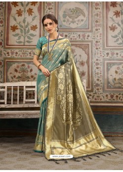 Aqua Grey Designer Fancy Silk Party Wear Sari