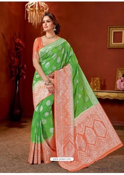 Green Designer Fancy Silk Party Wear Sari With Zari Work