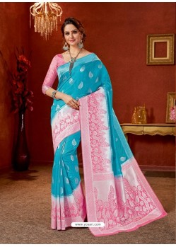 Turquoise Designer Fancy Silk Party Wear Sari With Zari Work