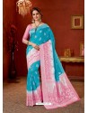 Turquoise Designer Fancy Silk Party Wear Sari With Zari Work