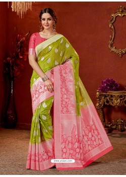 Parrot Green Designer Fancy Silk Party Wear Sari With Zari Work