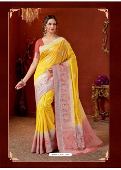Yellow Designer Fancy Silk Party Wear Sari With Zari Work