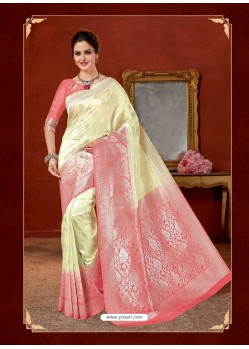 Cream Designer Fancy Silk Party Wear Sari With Zari Work