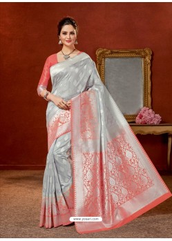 Grey Designer Fancy Silk Party Wear Sari With Zari Work