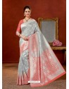 Grey Designer Fancy Silk Party Wear Sari With Zari Work