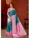 Teal Blue Designer Fancy Silk Party Wear Sari With Zari Work