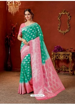 Jade Green Designer Fancy Silk Party Wear Sari With Zari Work