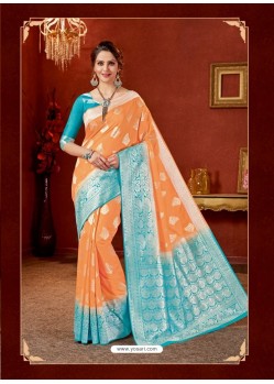 Orange Designer Fancy Silk Party Wear Sari With Zari Work