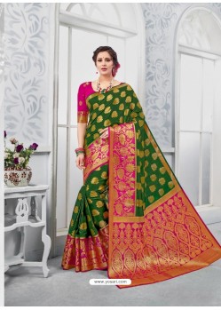 Forest Green Glossy Silk Party Wear Sari