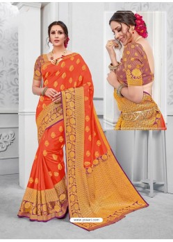 Orange Glossy Silk Party Wear Sari