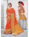 Orange Glossy Silk Party Wear Sari