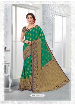 Jade Green Glossy Silk Party Wear Sari