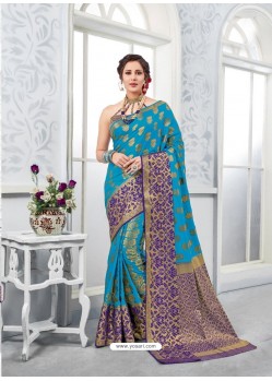 Turquoise Glossy Silk Party Wear Sari