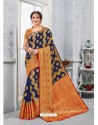 Navy Blue Glossy Silk Party Wear Sari